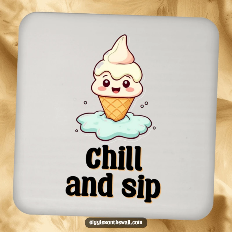 Funny drink coaster featuring a cheerful ice cream cone character melting into a puddle, adding sweet humor to drinks.