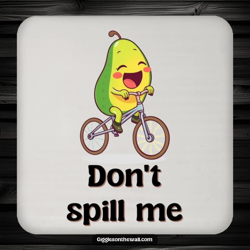 Funny drink coasters set with a laughing avocado character riding a unicycle made of spaghetti, adding a humorous touch to any drink setting.