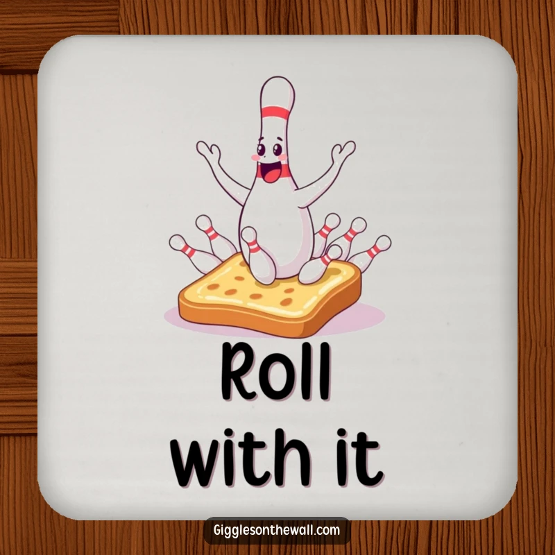 Funny bowling pin coaster with a sentient juggler dropping pins onto surprised toast, adding comedic chaos to surfaces.
