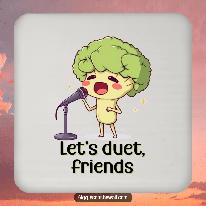 Funny coasters featuring a proud broccoli head singing opera, perfect for protecting surfaces with a touch of theatrical humor.