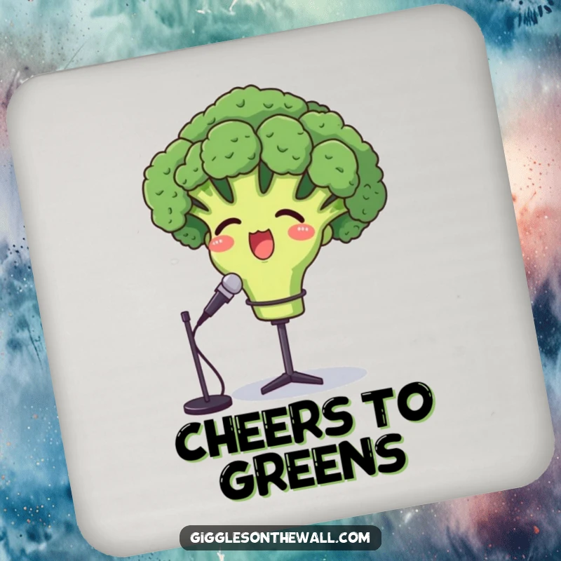 Funny opera broccoli coasters, a proud broccoli character singing opera, protecting surfaces with musical flair.