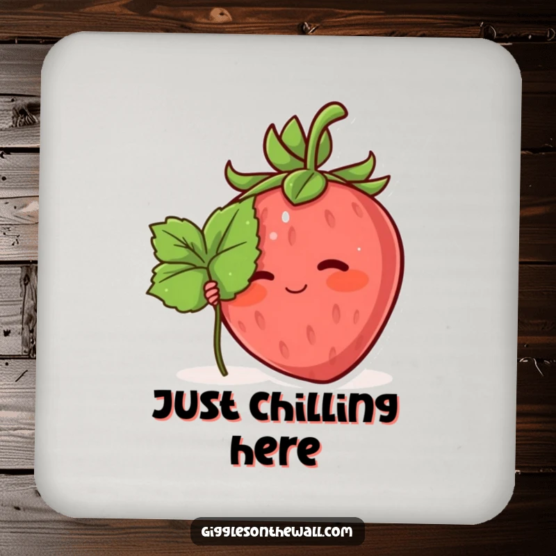 Funny drink coaster featuring a blushing strawberry character hiding behind a leaf, adding shy humor to drinks.