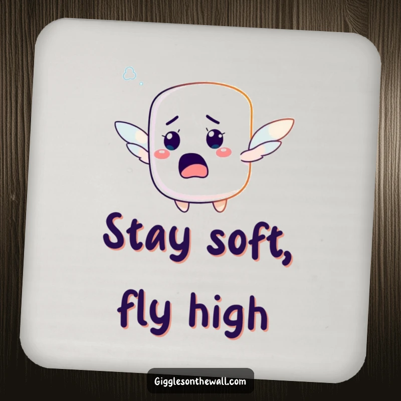 Funny drink coasters featuring a startled marshmallow character with tiny wings, hilariously attempting to fly, protecting surfaces.