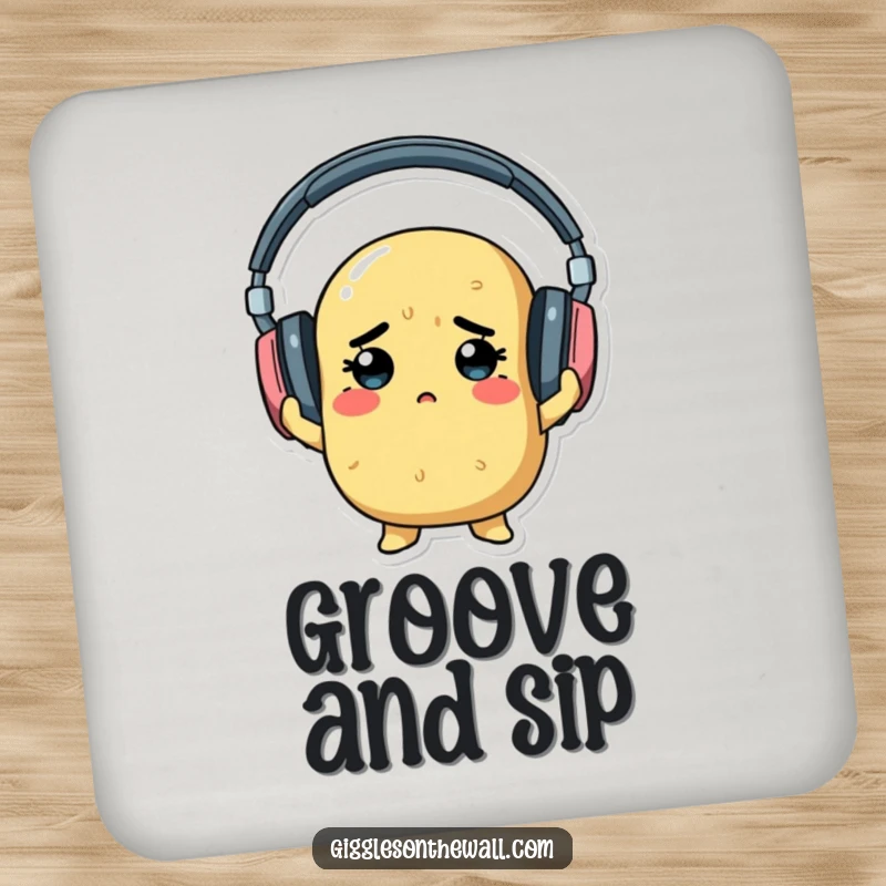 A determined potato hilariously trying to wear oversized headphones, illustrated on a protective and humorous drink coaster.
