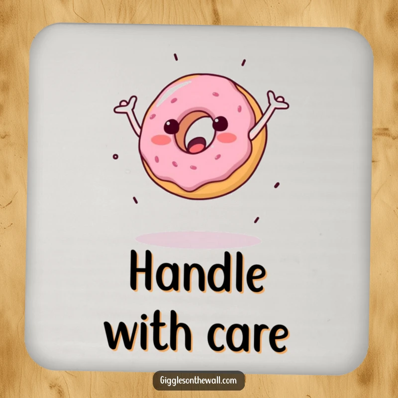 Funny coasters showcasing a donut doing a clumsy cartwheel, adding a humorous and protective element to tables.