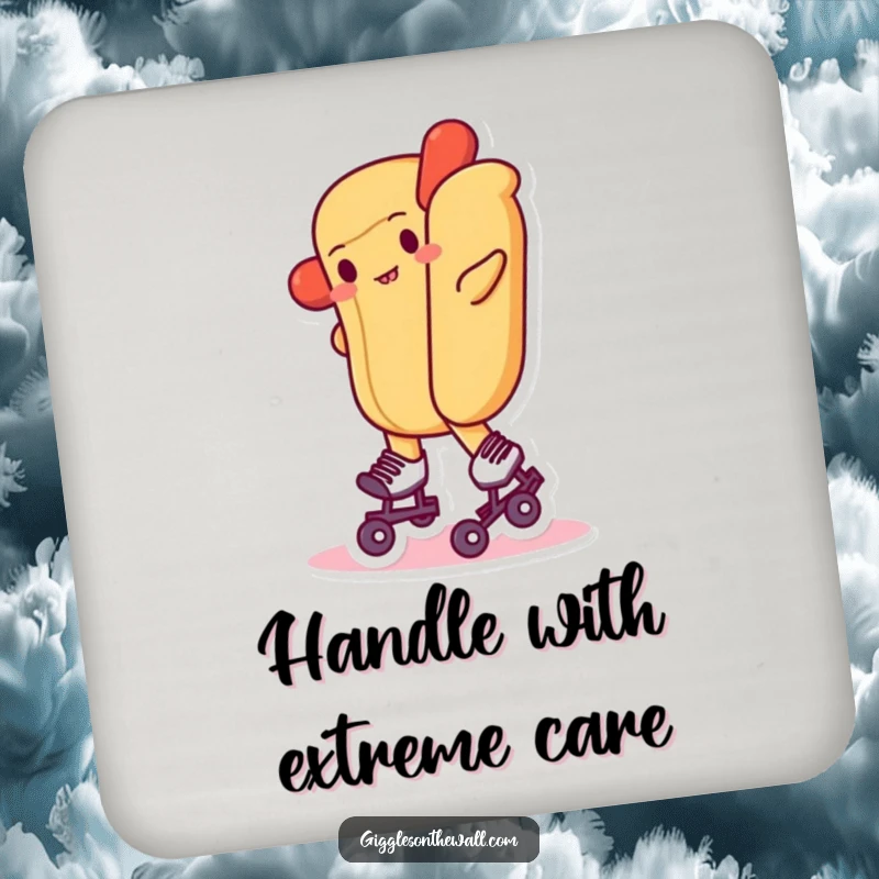 Funny coaster featuring a hot dog wobbling on roller skates, protecting tables with quirky charm.