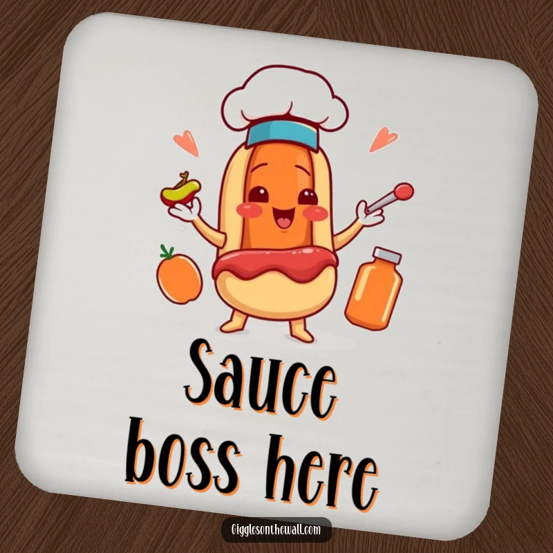 Funny drink coaster featuring a smiling hot dog chef character juggling condiments, adding a humorous touch to drinks.
