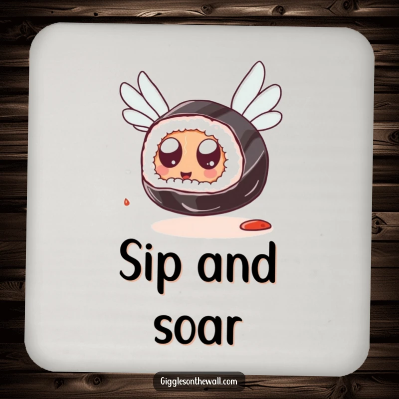 Funny Sushi Flying Drink Coaster: A coaster featuring a sushi piece with googly eyes attempting to fly using soy sauce packets, adding humorous flair.