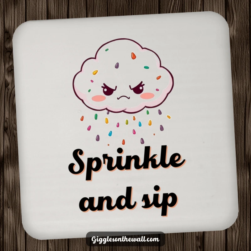 Funny grumpy cloud character raining colorful sprinkles on a drink coaster, bringing humorous and whimsical protection to any beverage.