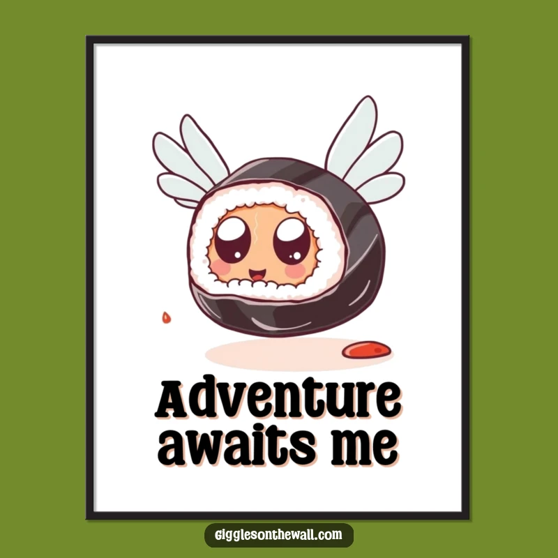 Add a touch of whimsical humor to your walls with this fun poster of a sushi piece with googly eyes taking flight. Perfect for kitchens or dining areas.