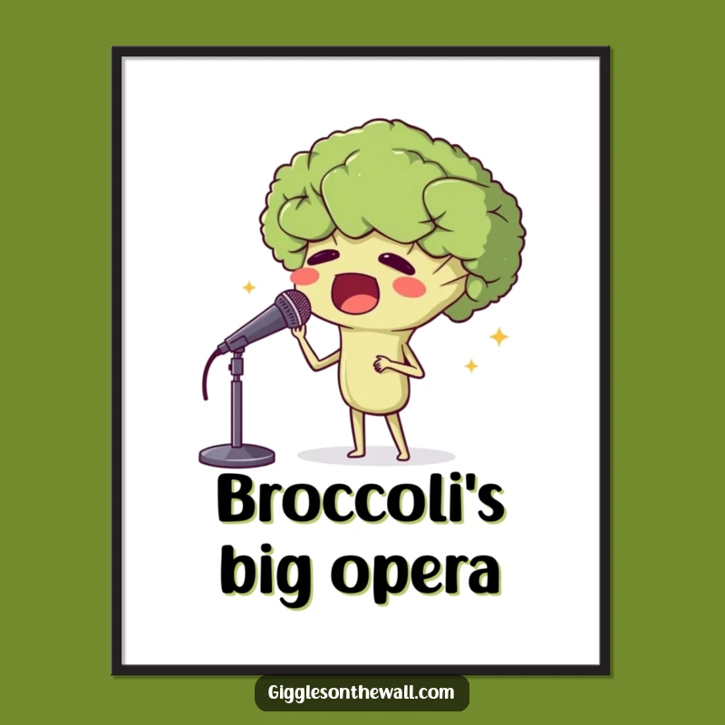 Decorate your space with a standing ovation! This funny poster features a broccoli opera singer hitting all the right notes.