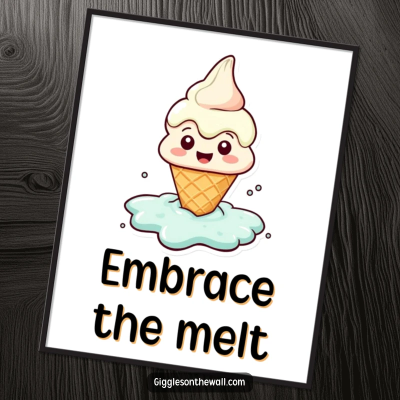 Funny poster art of a cheerful ice cream cone character melting into a puddle of pure delight, sweet and humorous.