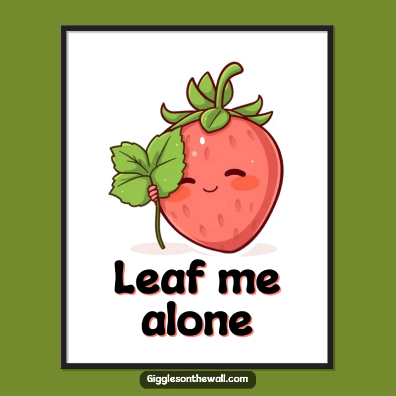 Funny Shy Strawberry Poster: Hiding Leaf Character Wall Art Gift