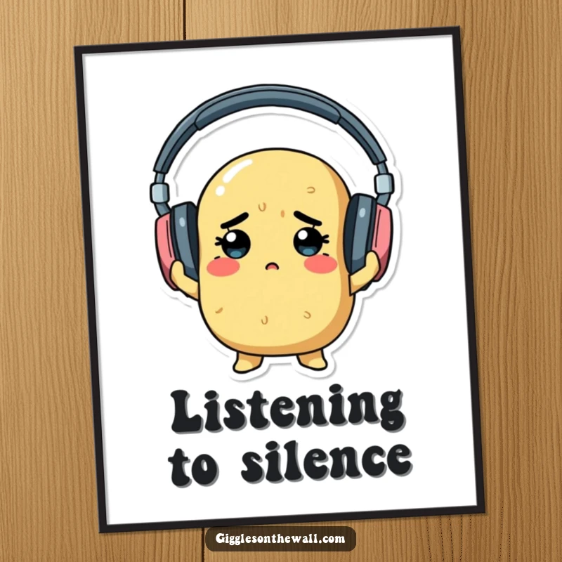 A determined potato hilariously attempting to wear oversized headphones, presented as a humorous poster.