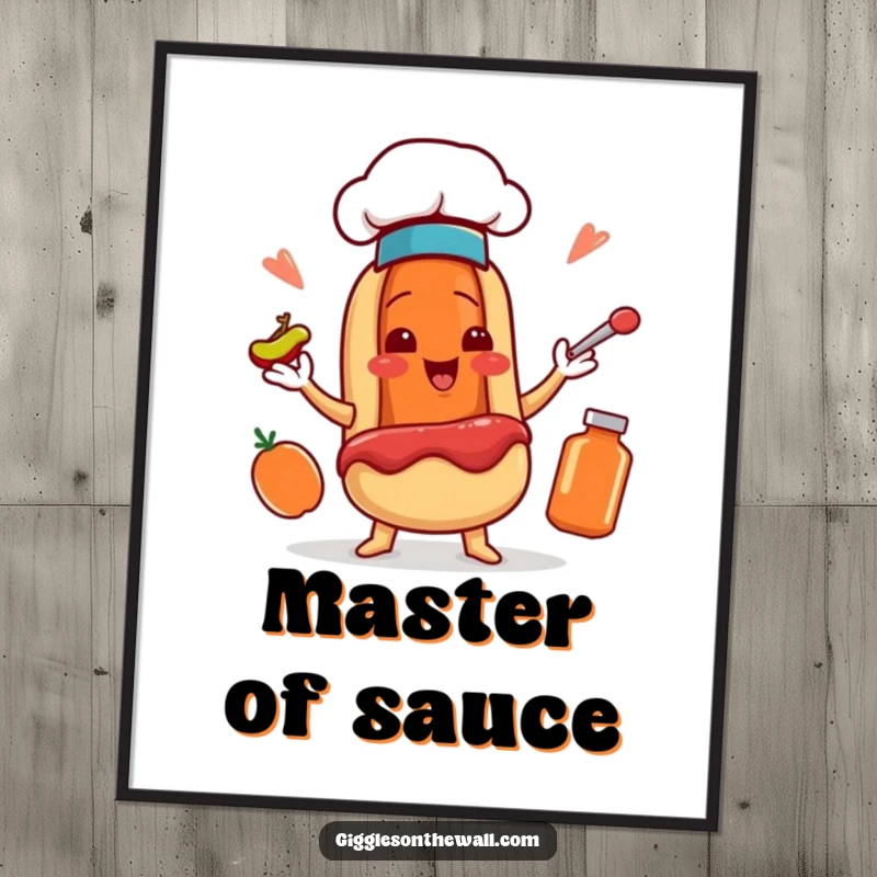 Funny poster art of a smiling hot dog in a chef hat, juggling condiments like ketchup and mustard with great skill.