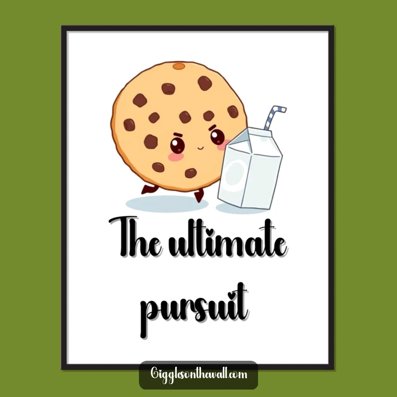 Decorate your space with a taste of humor! This funny poster captures the epic chase between a giant cookie and a tiny milk carton.