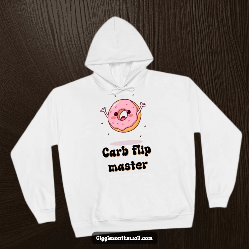 Funny hoodie featuring a donut attempting a clumsy cartwheel, offering warmth and a humorous, relatable design.