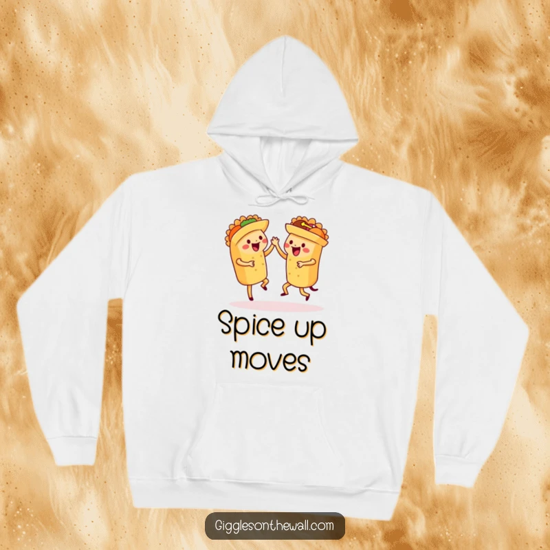 Funny dancing tacos hoodie, featuring a group of tacos doing a synchronized salsa, perfect for cozy fiesta vibes.