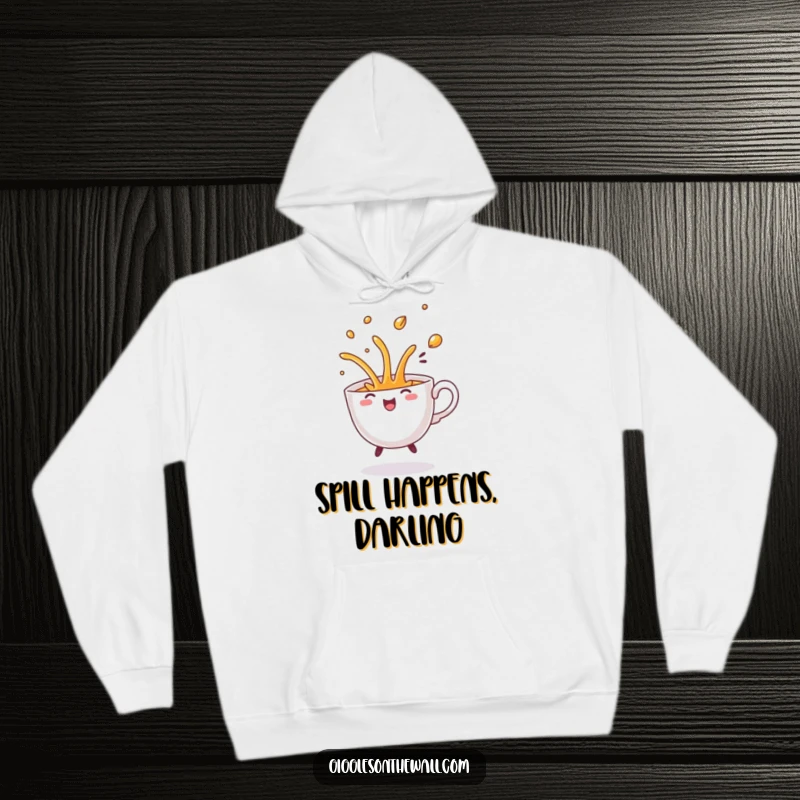 Funny Dancing Teacup Hoodie, illustration of a teacup dancing and spilling its contents with a comical flourish.