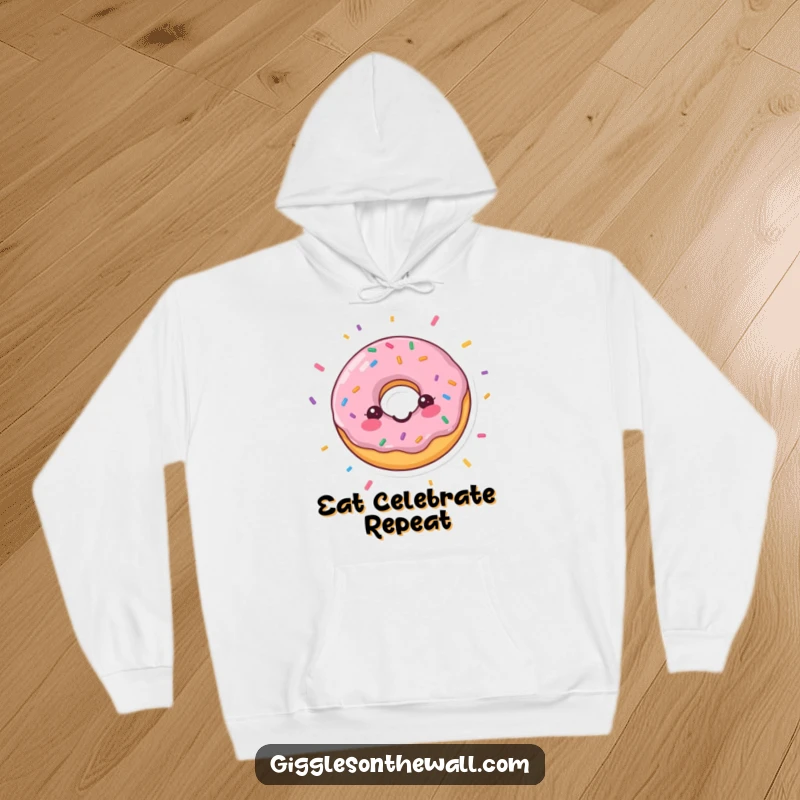 Funny hoodie featuring a happy donut with showering confetti, offering cozy comfort and festive cheer as a superb funny gift.