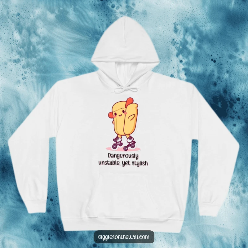 Funny hoodie featuring a hot dog wearing tiny roller skates, depicted in a humorous, wobbly stance.
