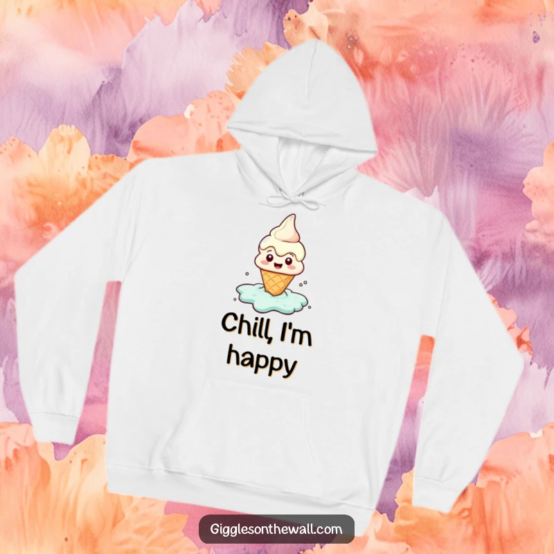 Funny hoodie with a cheerful ice cream cone character happily melting into a puddle, offering cozy and sweet humor.