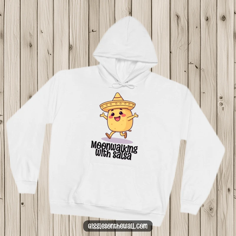 Funny hoodie with a happy taco wearing a festive sombrero, moonwalking with energetic flair, perfect for cozy fun.