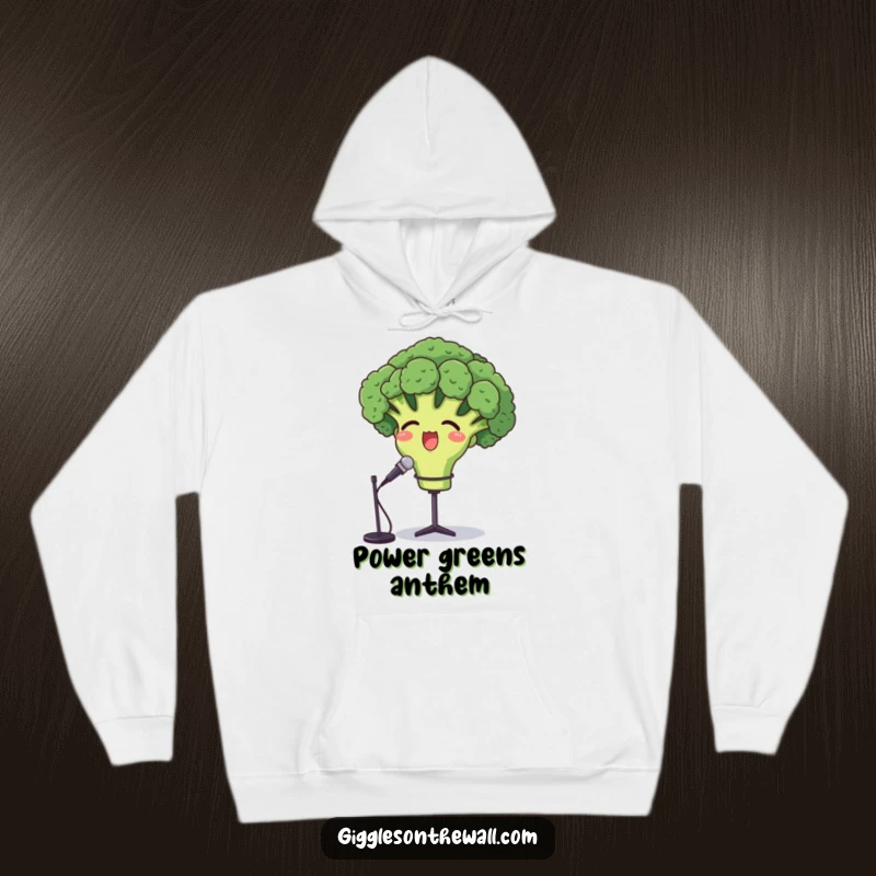 Funny opera broccoli hoodie, a proud broccoli character singing opera into a microphone, designed for cozy performance.