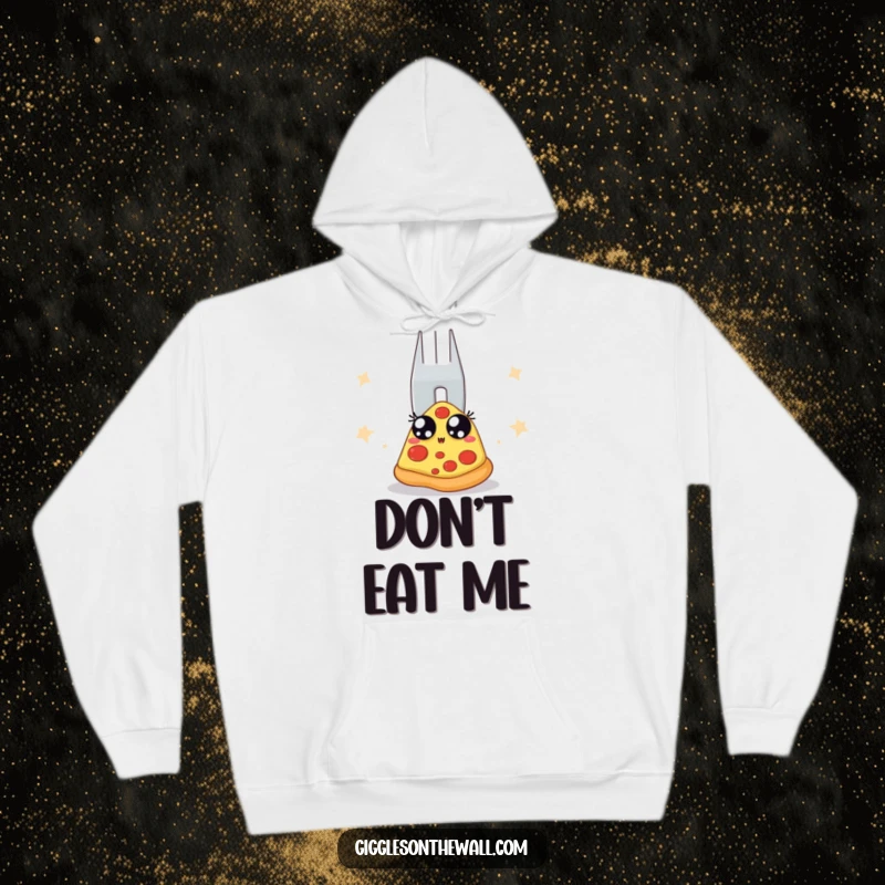 Funny hoodie depicting a pizza slice looking terrified of a huge fork, backstage. A warm and humorous graphic for chilly days.