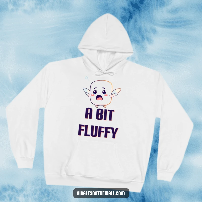 Funny hoodie showcasing a startled marshmallow character with tiny wings, hilariously attempting to fly.