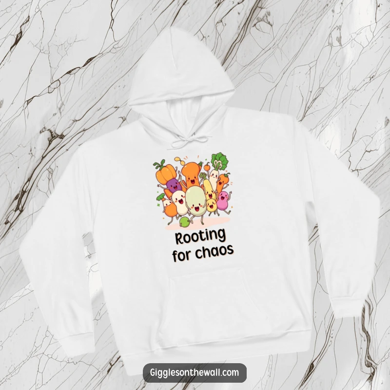 Funny Veggie Dance Hoodie, illustration of animated vegetables in a chaotic synchronized dance, perfect for chilly days.