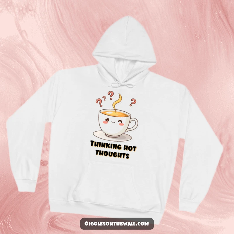 Funny hoodie showcasing a curious teacup character with steam forming question marks, perfect for cozy, contemplative moments.