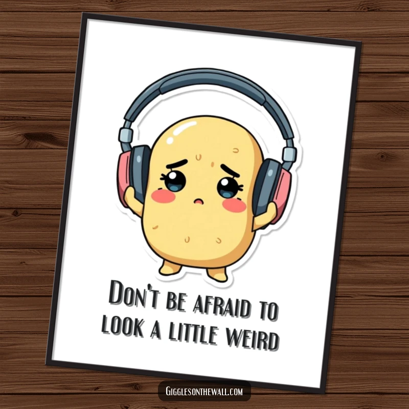 Funny Free Printable Wall Art: A determined potato hilariously attempting to wear comically large headphones, ready to jam.
