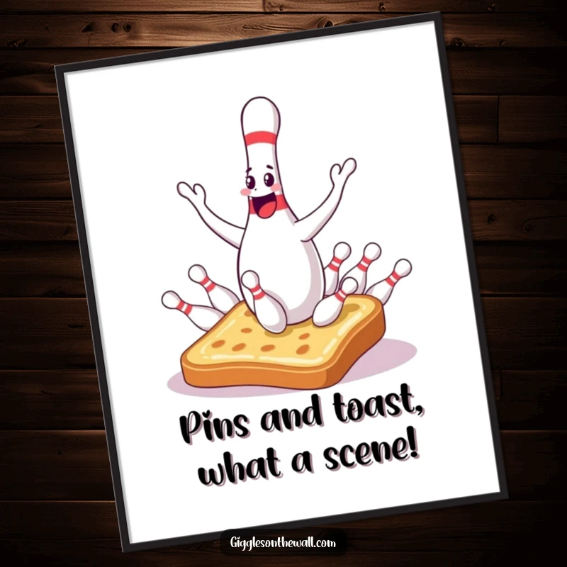 Funny Free Printable wall art of a bowling pin juggling and dropping pins onto a startled piece of toast.