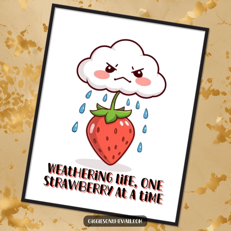 Funny Free Printable Wall Art: A grumpy cloud spitting rain on a sunbathing strawberry, a downloadable art piece with character.