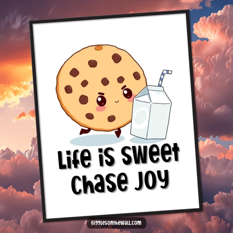 Funny Free Printable Wall Art: A determined giant cookie pursuing a tiny milk carton, creating a whimsical and humorous wall display.