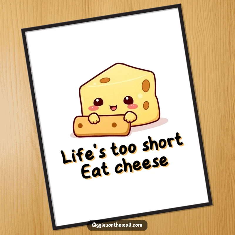 Funny Free Printable Wall Art: A shy smiling cheese character peeking from behind a cracker, adding humor to any room.