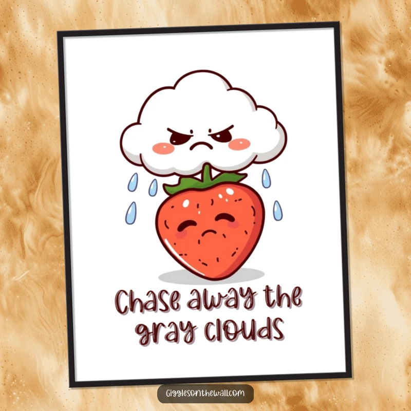Funny Free Printable Wall Art: A grumpy cloud spitting rain onto a sunbathing strawberry, creating a humorous and unexpected visual.