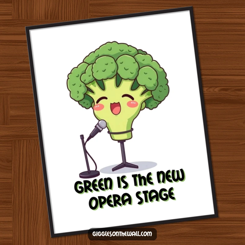 Funny free printable wall art: a proud broccoli head passionately singing opera into a microphone.