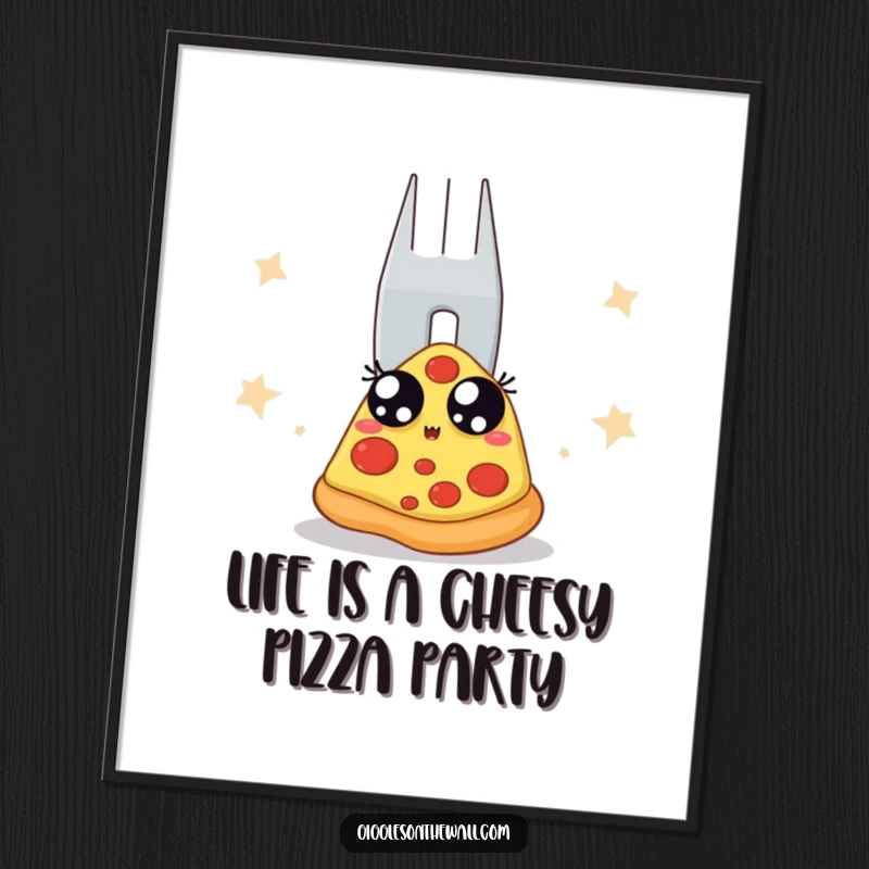 Funny free printable wall art of a pizza slice with wide eyes staring at a giant fork backstage.