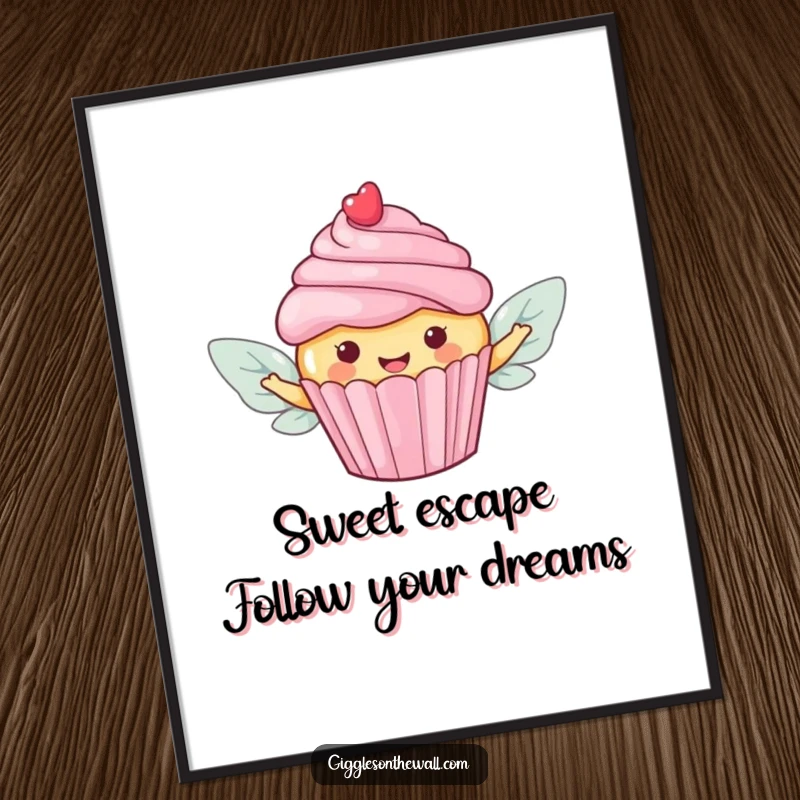 Funny Free Printable Wall Art: Happy cupcake with candy wings flying away, creating a whimsical and sweet art piece.