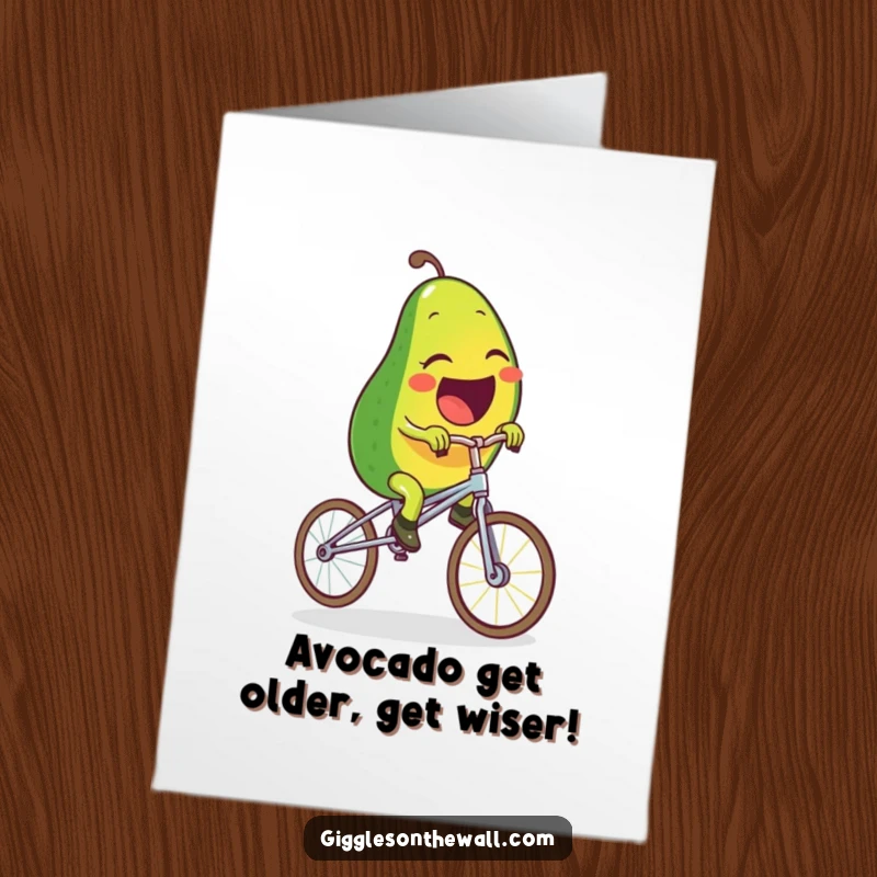 Funny Free Printable Birthday Card: A laughing avocado comically attempts to balance on a spaghetti unicycle, spreading birthday cheer.