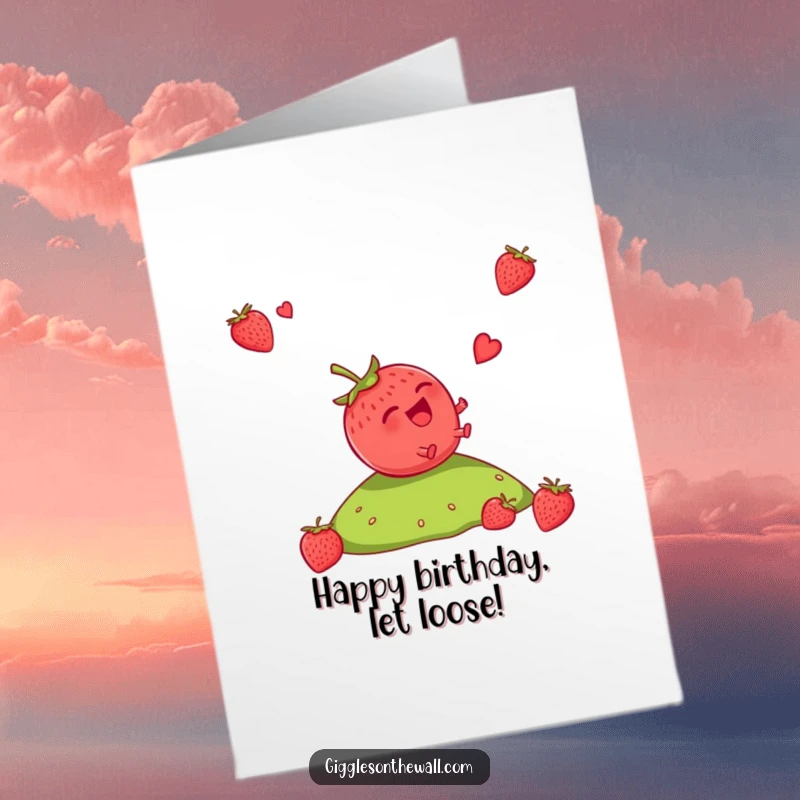 Funny Free Printable Birthday Card: A strawberry giggling uncontrollably as it rolls down a steep hill.