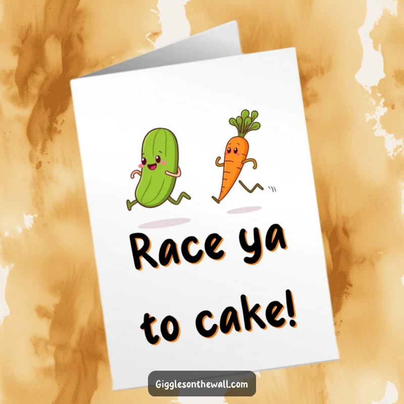 Funny Free Printable Birthday Card showing a pickle sprinting past a determined carrot in a hilarious race.
