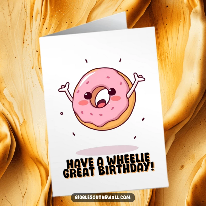 Funny Free Printable Birthday Card: A donut with arms doing a clumsy cartwheel, celebrating a birthday.