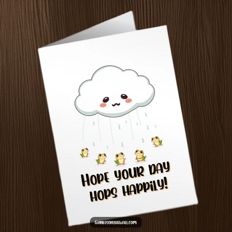 Funny Free Printable birthday card featuring a cloud crying bouncing frogs for a whimsical celebration.