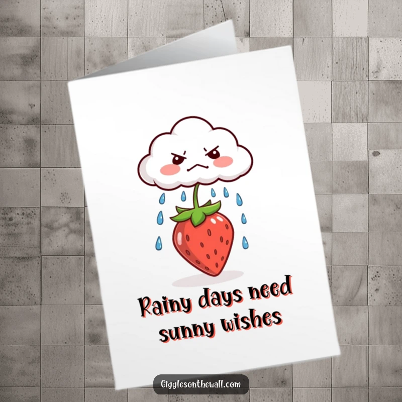 Funny Free Printable Birthday Card: A grumpy cloud hilariously spitting rain on a cheerful strawberry, a unique downloadable gift.
