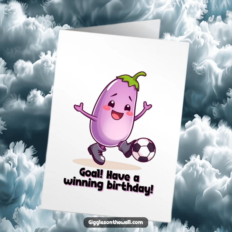 Funny Free Printable Birthday Card: Smiling eggplant in boots kicking a football with joy, ready for a celebration.
