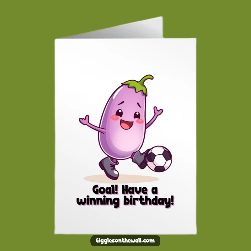 Free Printable Birthday Card: Funny Eggplant Football Fan Kicking Goals