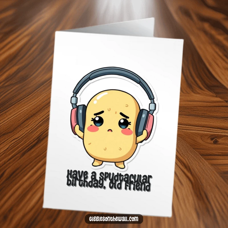 Funny Free Printable Birthday Card: A determined potato hilariously attempting to wear massive headphones that engulf its head.